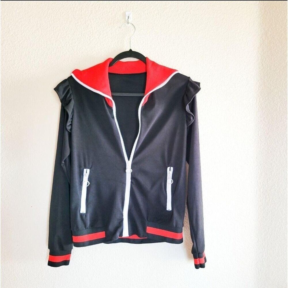 Womens Jacket Black M Full Zip Ruffle Shoulder Sleeve Detail  Long Sleeve
